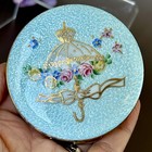 Vintage Guilloche Enamel Compact Wiesner Of Miami Trickettes Blue Floral C1950s