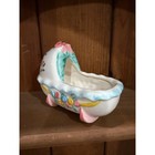 Vintage Ceramic Baby Cradle Planter Hand Painted Floral Nursery Decor White