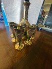 Vtg  Czech Bohemian 7-pc Emerald Green   Gold Gilt Decanter-6 Cordial Glasses