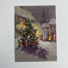 Vintage Mid Century Christmas Greeting Card Villagers Tree Rust Craft Small Size
