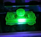 Antique 1930s Uranium Sowerby Glass Vanity Set Glowing Tray 3 Lidded Powder Jars