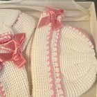 3pc Knit Layette Set 0-3 Months White pink Sweater Hat Booties Christening