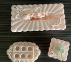 Vintage 1950 s 3 Pc Pink Plastic Vanity Set  Box Pump Lipstick Holder Menda Usa