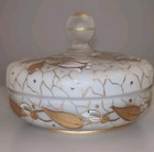 Satin Glass Dresser Box Powder Cased White Enamel Floral Gold White Jewelry Vtg 