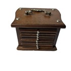Vintage Coasters Wood Cork Brass   8 Set With Holder Mid Century Modern Decor
