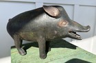 Vintage Folk Art Hand Carved Wood Copper Detail Pig Boar Primitive Farmhouse 17   