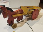Antique Vtg Primitive Folk Art  Wooden Farm Horse   Hay Wagon Pull Toy 19 l