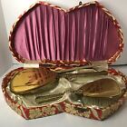Vintage 3 Piece Dresser Vanity Set Heart Shaped Red Box Floral Design Gold Tone