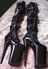Pleasers 10 In Thigh High Black Patent Faux Leather Boots Buckle Lace Up 9