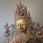 13  China Old Tibetan Buddhism Temple Bronze Gilt Green Tara Bodhisattva Statue