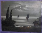 Antique Oil Painting Night Seascape Boats