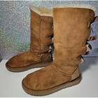 Ugg Bailey Bow Tall Ii Triple Chestnut Suede Sheepskin Boots Womens 7 Brown