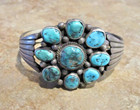 Stunning     Wide Vintage Navajo Sterling Silver Nine Turquoise Cluster Bracelet