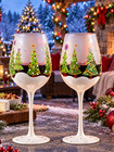 Set Of 2 Stemmed Christmas Tree Design Wine Glasses Hand Painted-14 Ounce