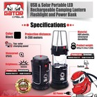 2x Solar Camping Lantern Flashlight Lamp Portable Rechargeable Led Usb Power