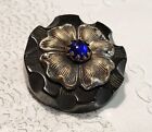 Vtg Large Carved Bakelite Button Brass Flower   Cobalt Blue Glass Jewel 1-11 16 