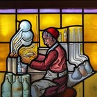 Antique European Stained Glass Panel Chemist Scientist Apothecary Scene Window