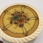Vtg Art Deco Vanity Powder Jar Ribbed Glass Footed Floral Print Celluloid Lid