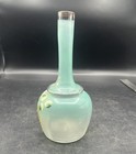 Bohemian Glass Vase Hand Painted Raised Texture Flowers Blue Antique 8   