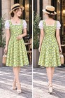 Vintage Yellow Green Floral Midi Dress Sleeveless Cottagecore Fit Flare