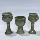 Vintage 1979 Signed Studio Pottery Green Glaze Face Relief Goblet Set Folk Art