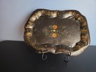 Antique 1800s French Tole Hand Painted Tray Black Floral Metal