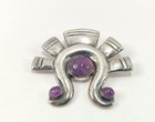 Rare Unique Aztec Design Vintage Genuine Amethyst 925 Sterling Silver Brooch
