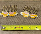 Vintage Pair Cloisonn   Hair Combs Yellow   Pink Goldtone  Enamel Butterfly Euc