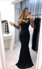 Black Mermaid Satin Evening Dresses Long Sleeve Party Full Length Bridal Gowns