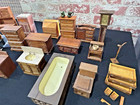 Lg Lot Vtg Wood Miniature Dollhouse Furniture 20  Pcs Tub Dressers Stove Toilet 