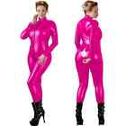 Plus Size Faux Leather Metallic Women Catsuit Long Sleeve Front Zipper Bodysuit