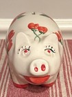 Vtg Adorable Flirty Piggy Bank Hand Painted Floral   Bone Color   Red Flowers
