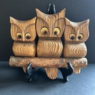 Vtg Retro Cryptomeria 70   s Wood Carving 3 Owls On Branch Wall Art Plaque