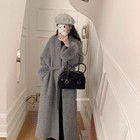 Womens Long Lapel Collar Cashmere Coat Winter New Fox Fur Cuffs Wool Warm Coat