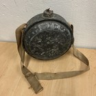 Vintage Round Metal Canteen Rustic Camping Trail Cowboy Wool Nylon Strap