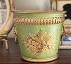 Vintage Green French Tole Cache Pot W  Lion Head Ring Handles   Pierced Border