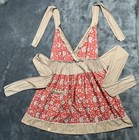 2 Vintage Aprons Full Bib Tops Pink green Cream   70s Paisley   Ruffles  read
