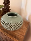 Stunning Intricate Carved Reticulated Openwork Basket Weave Celadon Vase Cranes