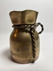 Vintage Small Brass Bag Sack Shaped Vase With Rope Container 3 5  Tall