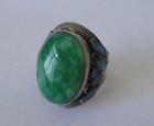 Old Chinese Green Jade Tibet Silver Enamel Flower Handmade Adjust Ring