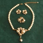 Vintage Faux Pearl Necklace Earrings Ring Set Floral Rhinestone Gold Bridal