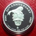 1989 Disney 55th Anniversary Donald Duck Coin 1 Troy Oz  999 Silver W capsule
