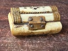 Vintage Brass Bound Miniature Casket Trinket Box Blue Velvet Lined Chest 3 Inch