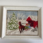 Vintage Crewel Embroidery Snowy Winter Sleigh Horse Scene Framed Wall Art