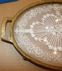 Antique Pncw Brass Footed Glass Floral Lace Insert Vanity Tray 