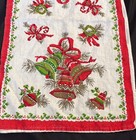 Vtg Linen Christmas Tea Towel mcm Bells holly ribbon ornaments mcm Kitchen
