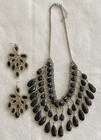 Classic Bib Necklace   Pierced Earrings Black Acrylic   Gun Metal Setting