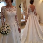 Satin Wedding Dresses Lace Long Sleeve Backless Beadec Sweep Train    bridal Gowns
