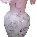Antique Hand Blown 10 Inch Bristol Vase Hand Painted Flowers Pink Ruffled Rim