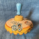 Ohio Art Vintage Tin Litho Spinning Top Toy With Blue Handle